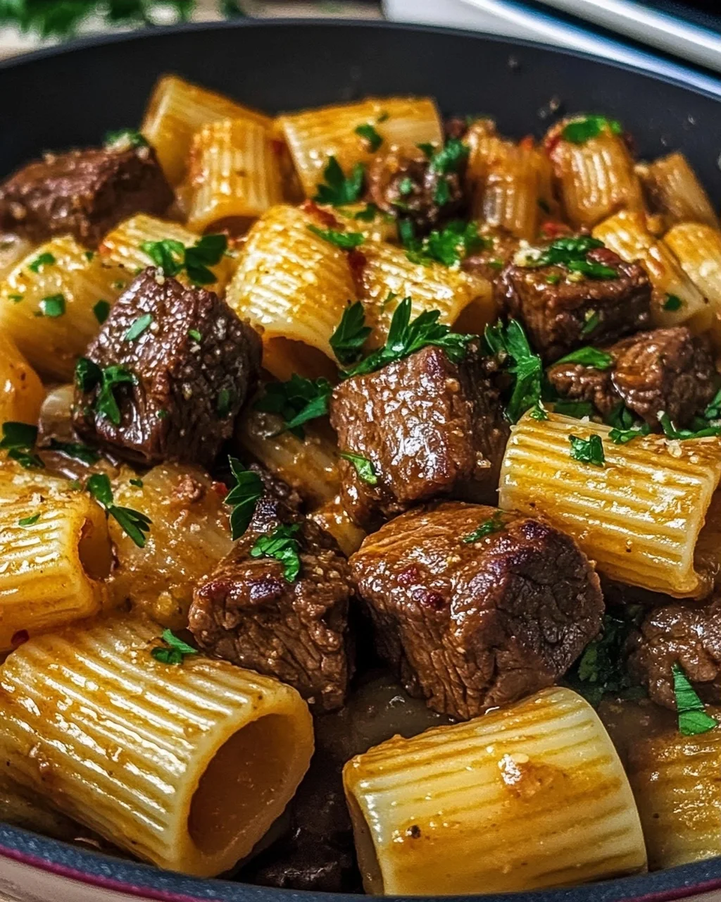 Garlic Butter Steak Bites with Rigatoni.