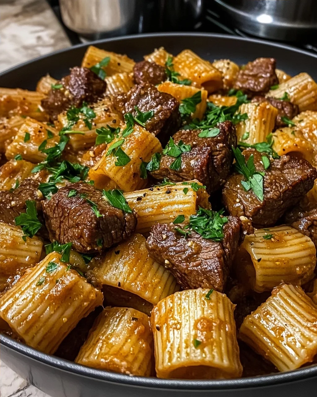 Garlic Butter Steak Bites with Rigatoni.