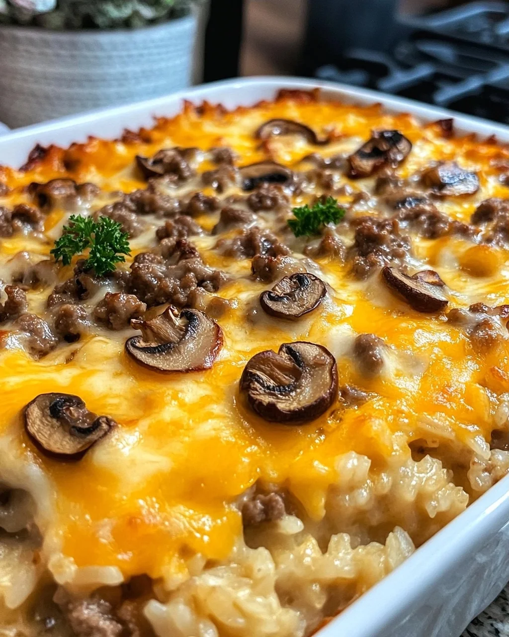 Ground Beef, Rice, and Mushroom Casserole