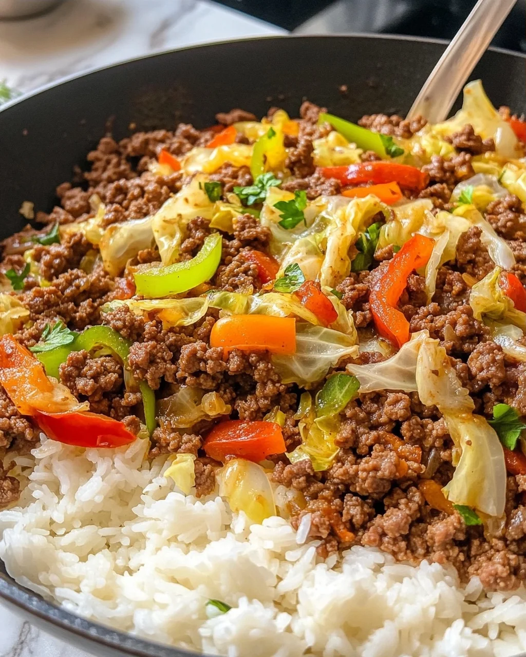 Ground Beef and Cabbage Skillet with Rice