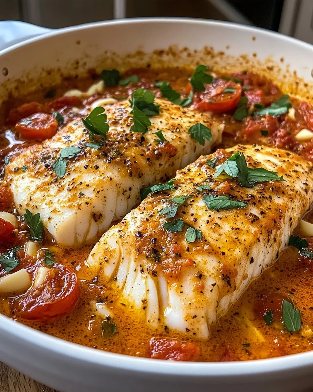 Pan-Seared Cod in Creamy Garlic Parmesan Tomato Sauce