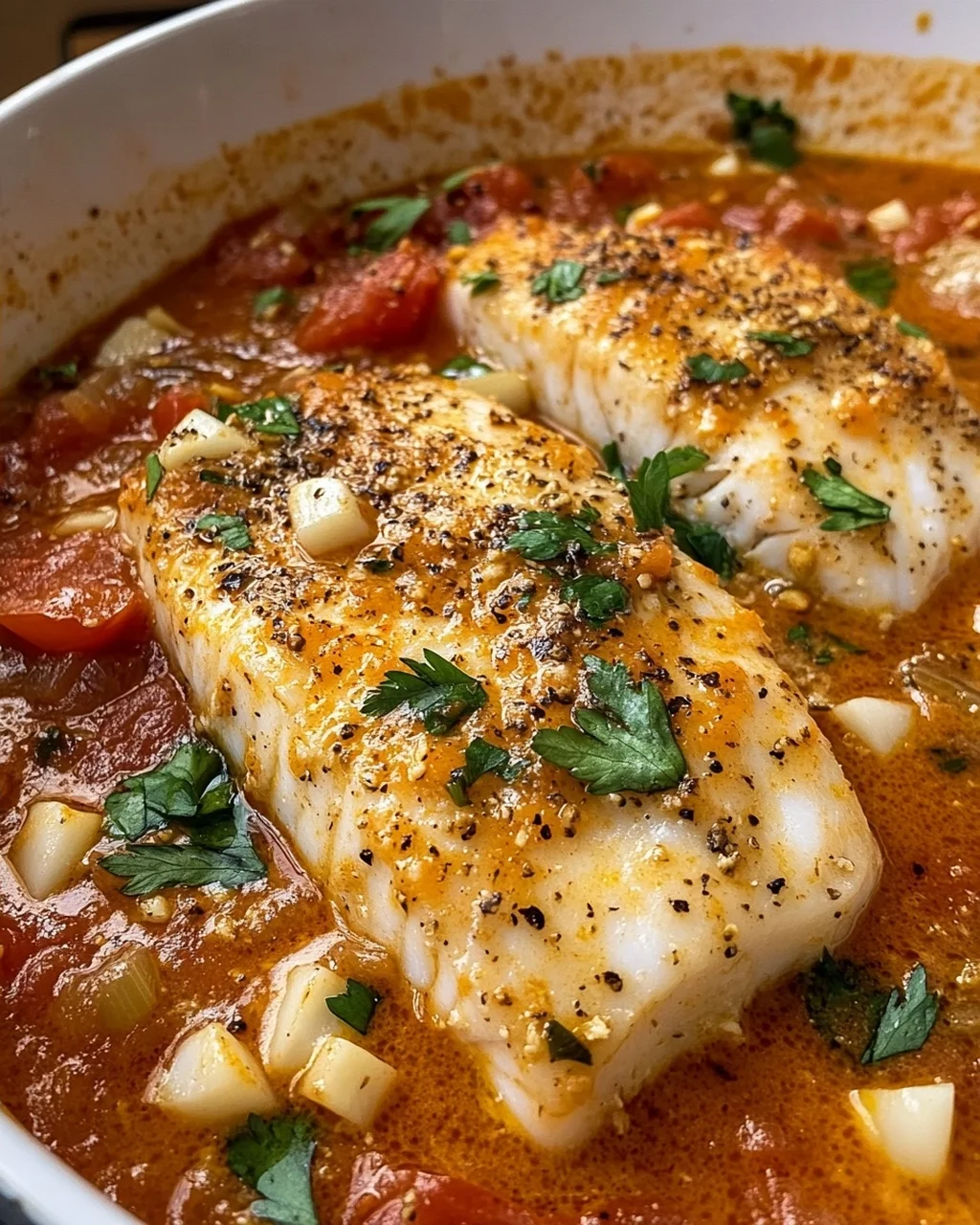 Pan-Seared Cod in Creamy Garlic Parmesan Tomato Sauce