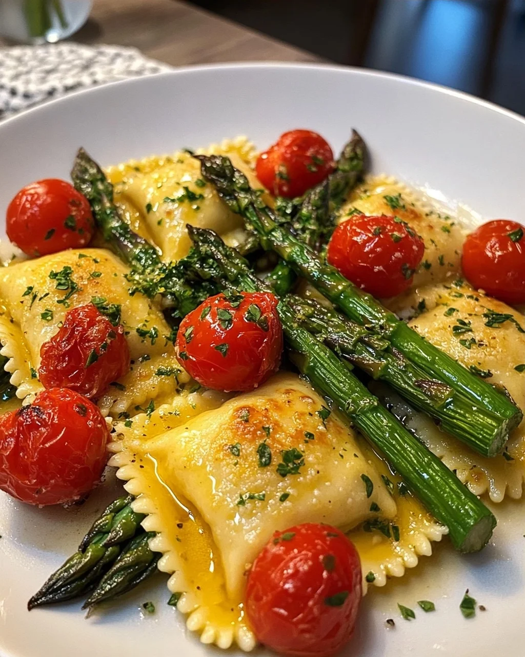 Ravioli with Asparagus and Tomatoes