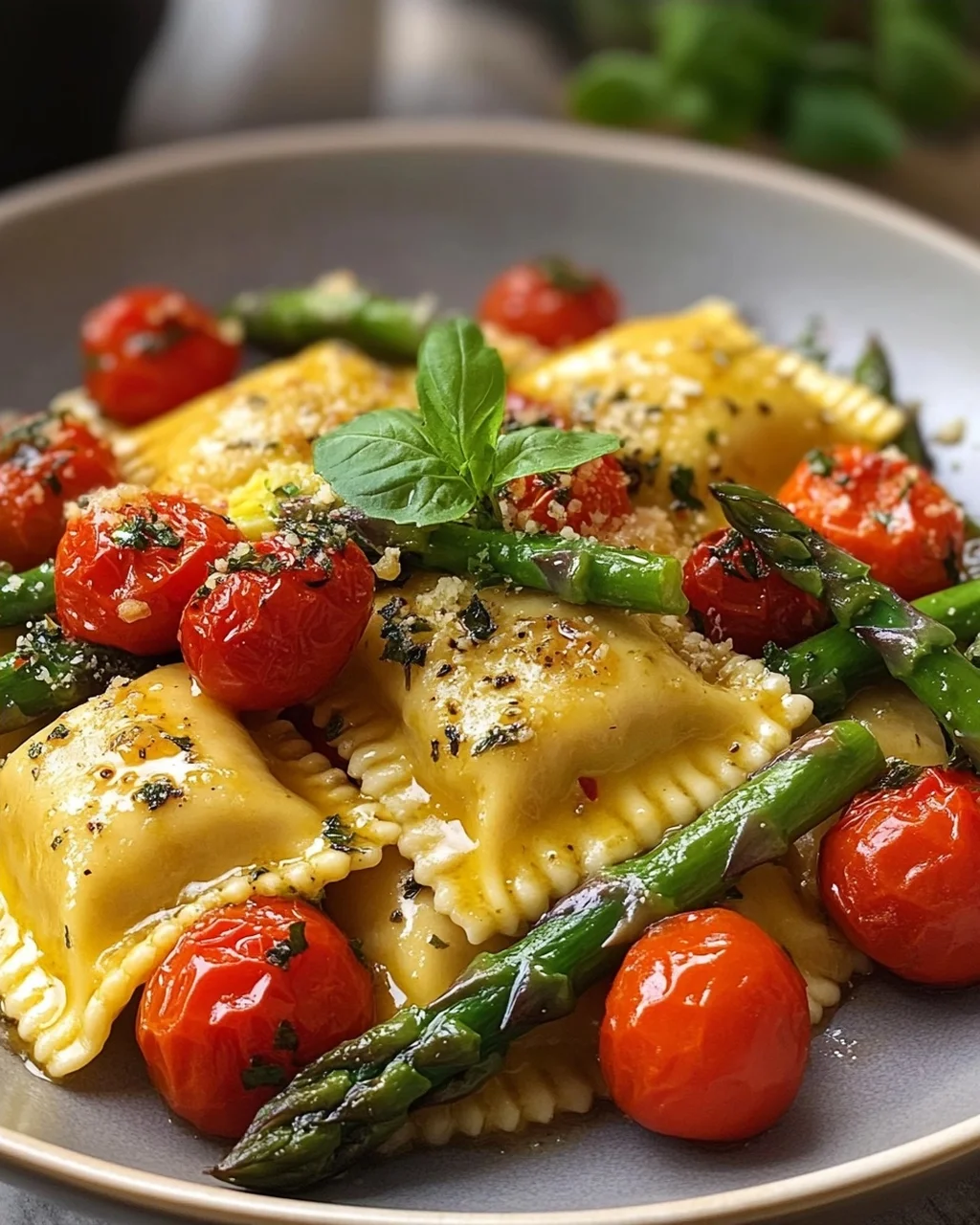 Ravioli with Asparagus and Tomatoes