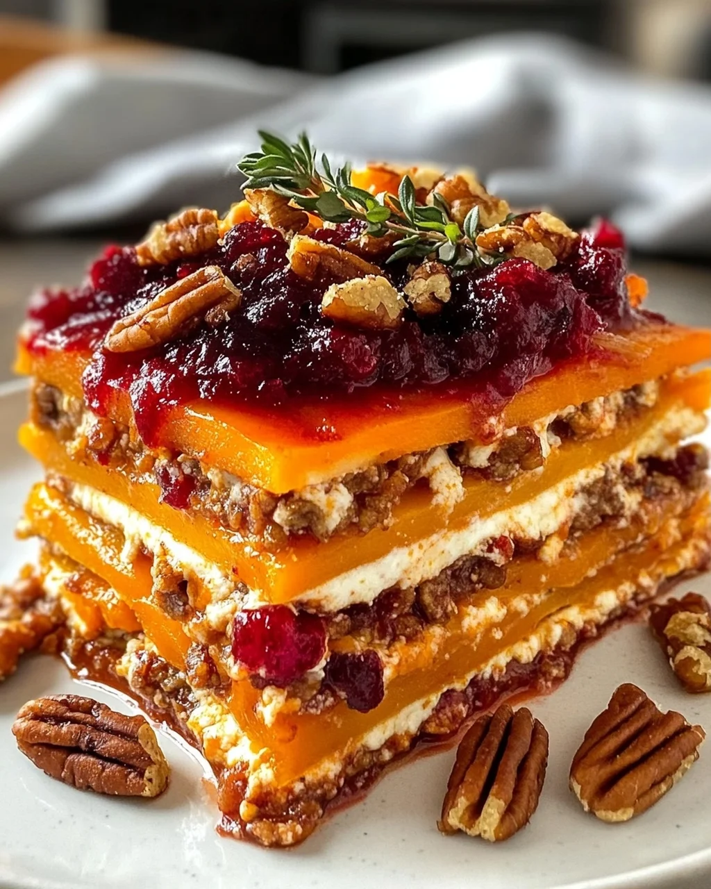 Roasted Butternut Squash Lasagna with Cranberry Sauce and Pecans
