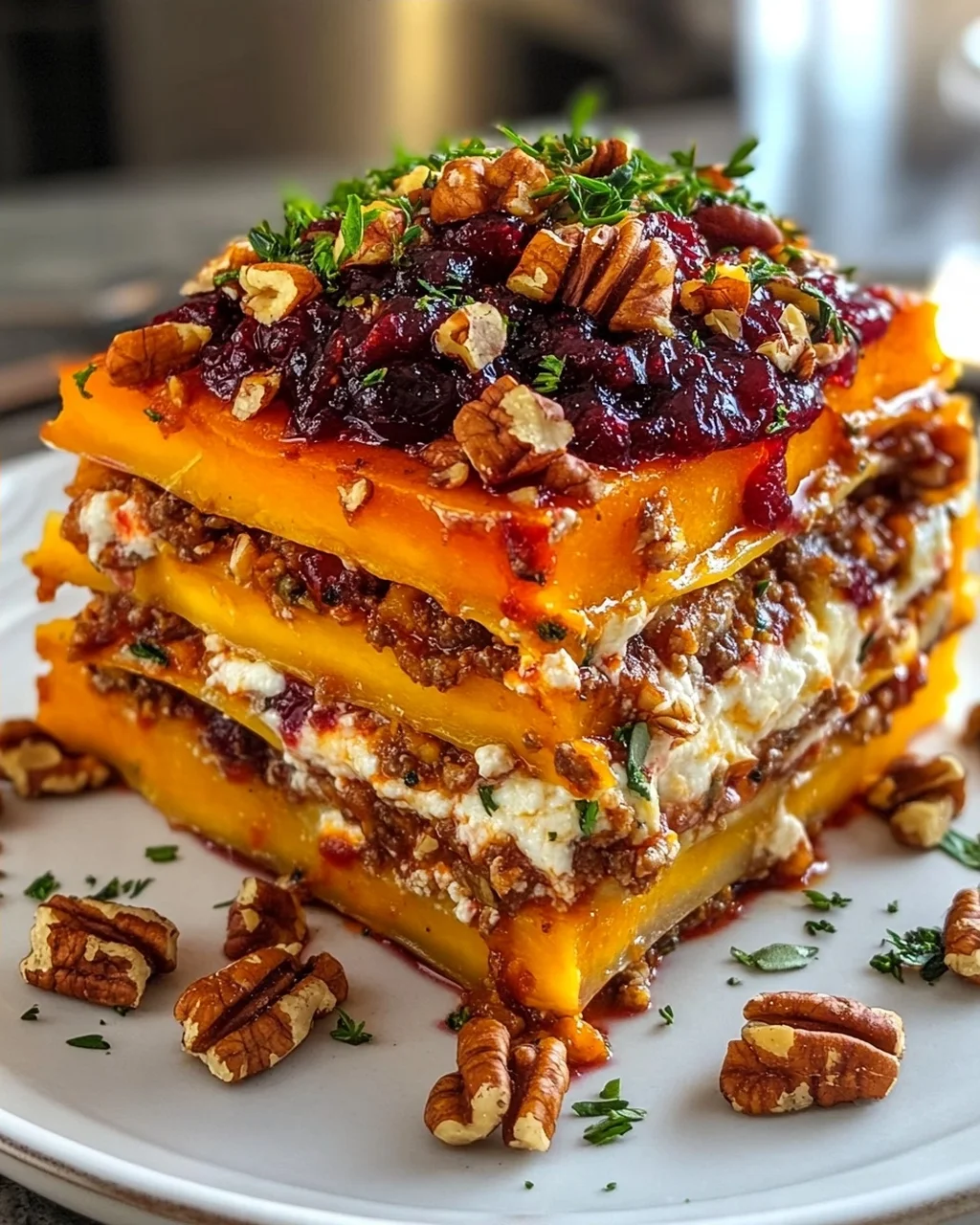 Roasted Butternut Squash Lasagna with Cranberry Sauce and Pecans