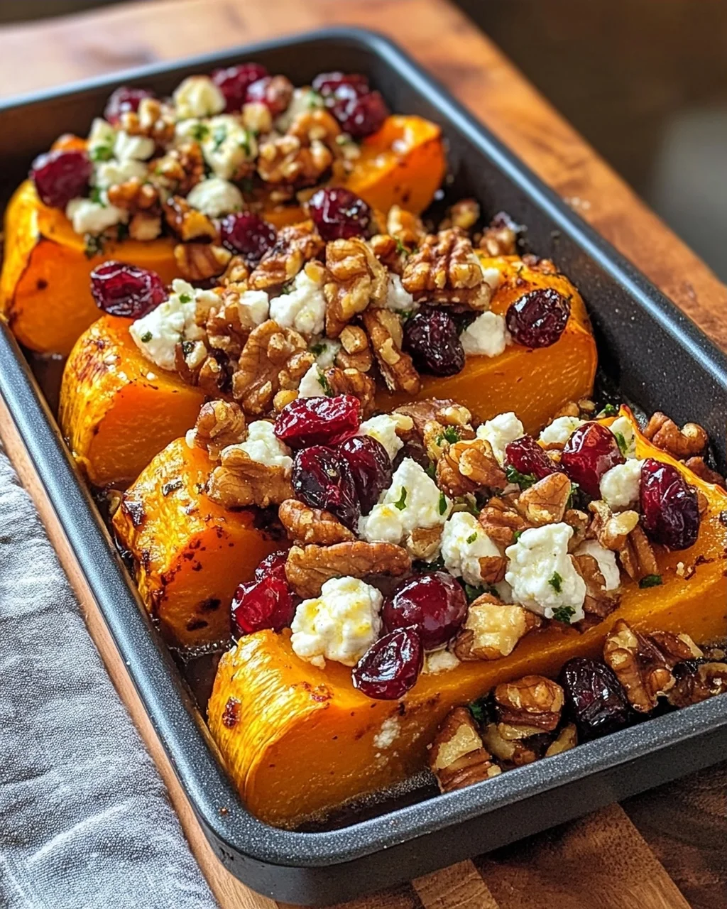 Roasted Butternut Squash with Cranberries, Walnuts, and Goat Cheese