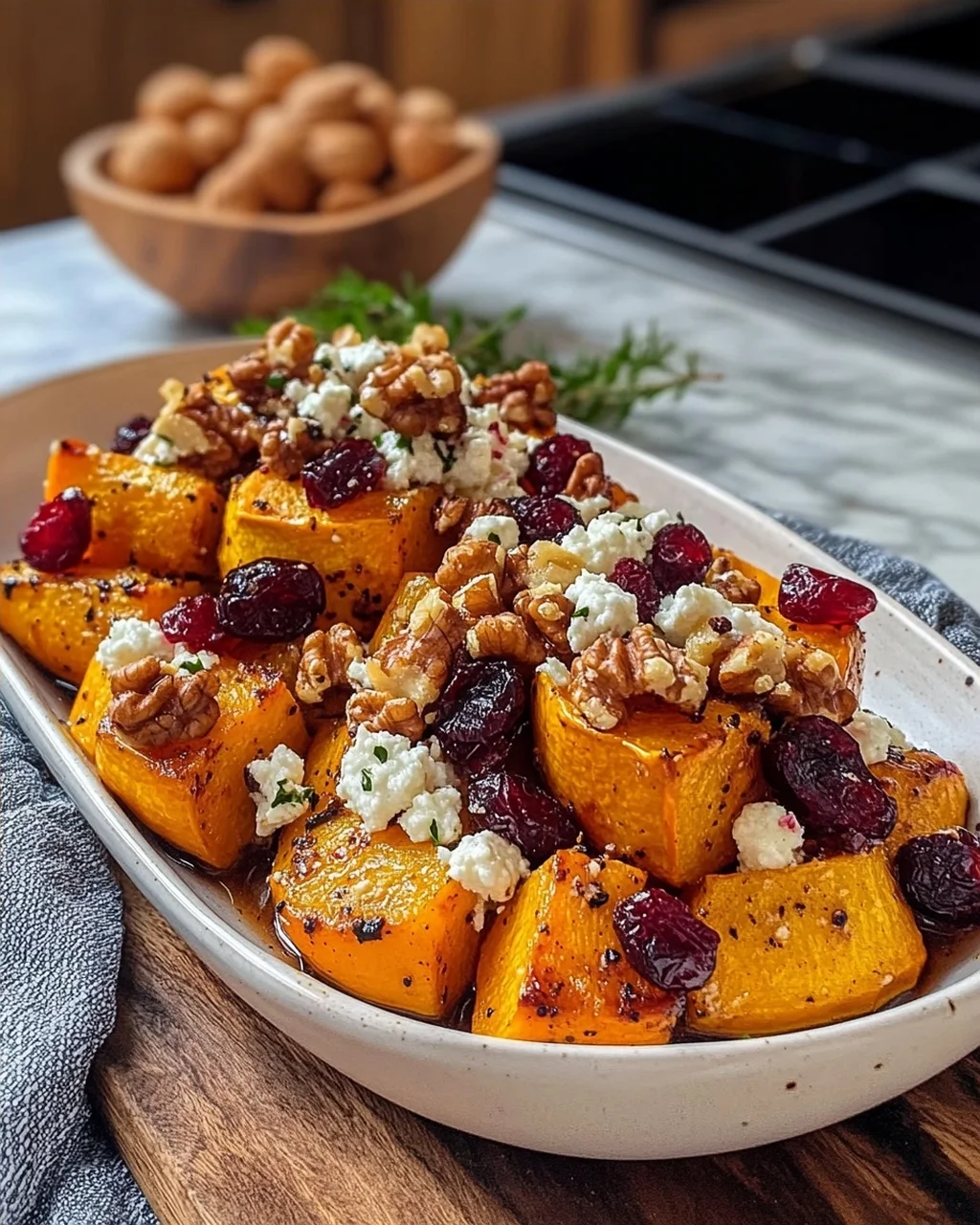 Roasted Butternut Squash with Cranberries, Walnuts, and Goat Cheese