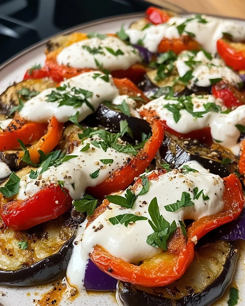 Roasted Eggplant and Peppers with Yogurt Sauce