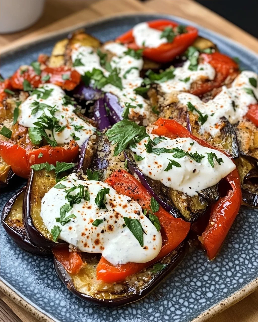 Roasted Eggplant and Peppers with Yogurt Sauce