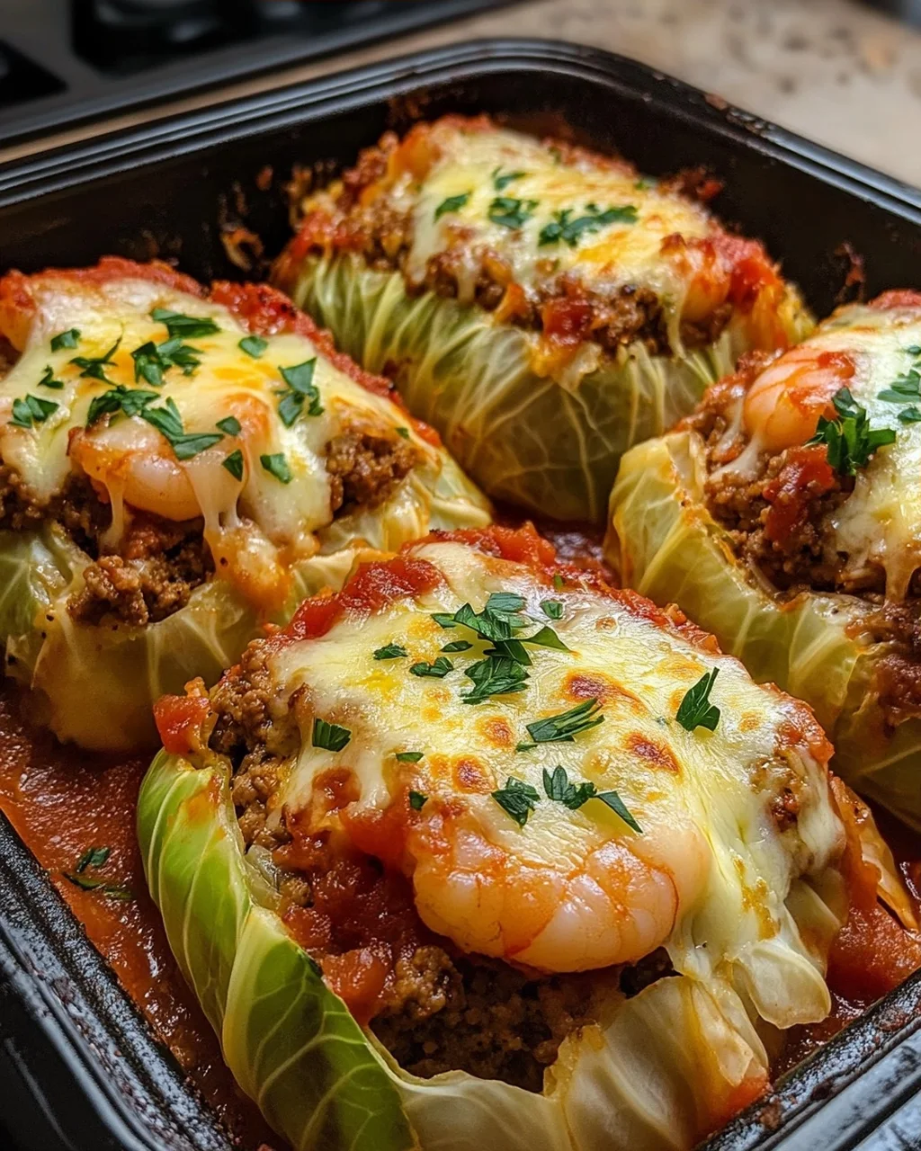 Shrimp and Beef Stuffed Cabbage Rolls
