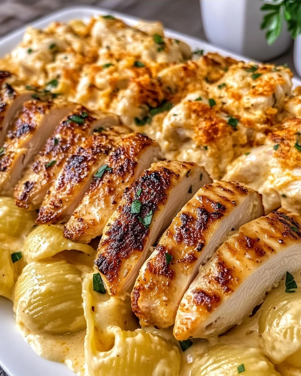 Sliced Chicken with Macaroni and Cheese