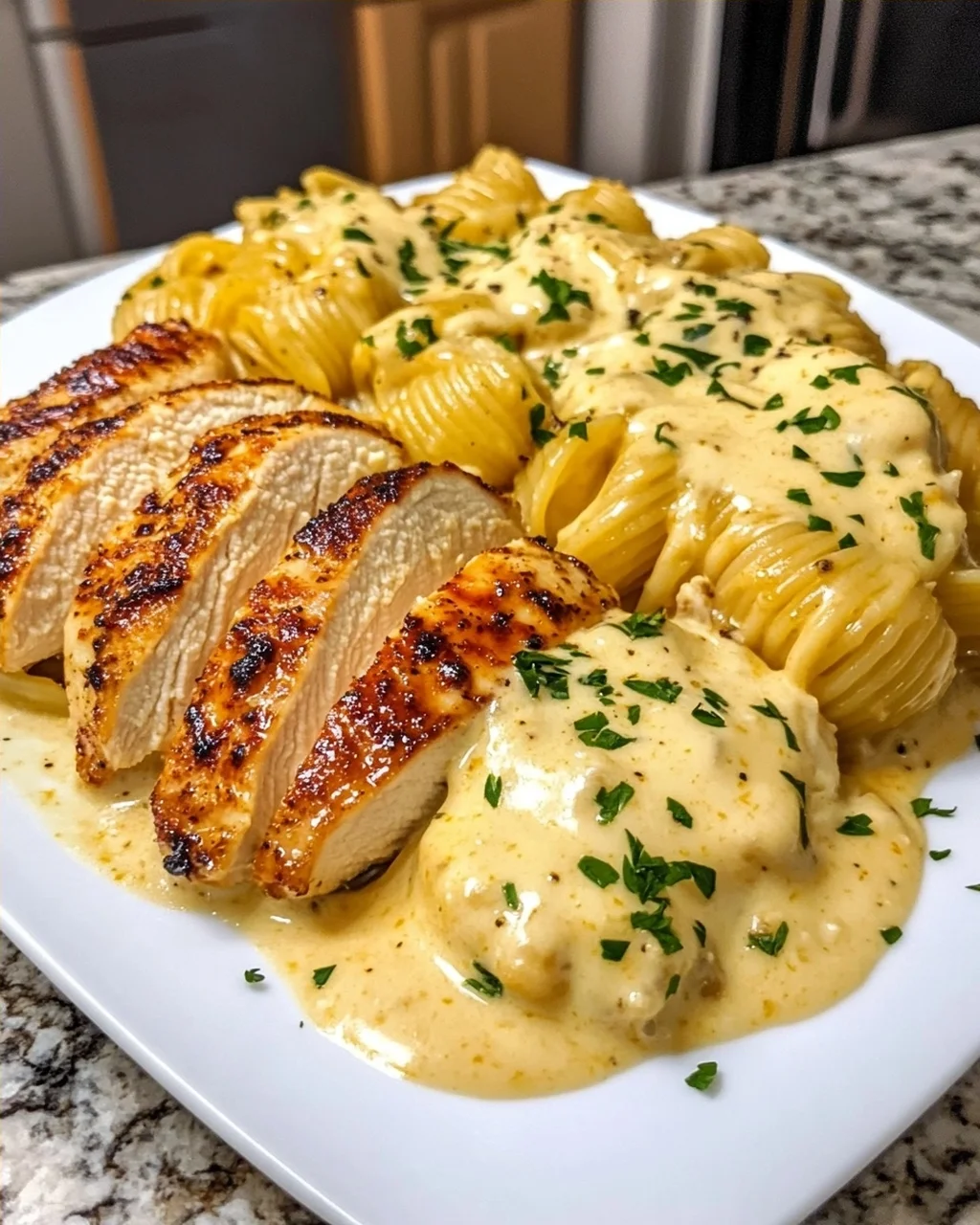 Sliced Chicken with Macaroni and Cheese