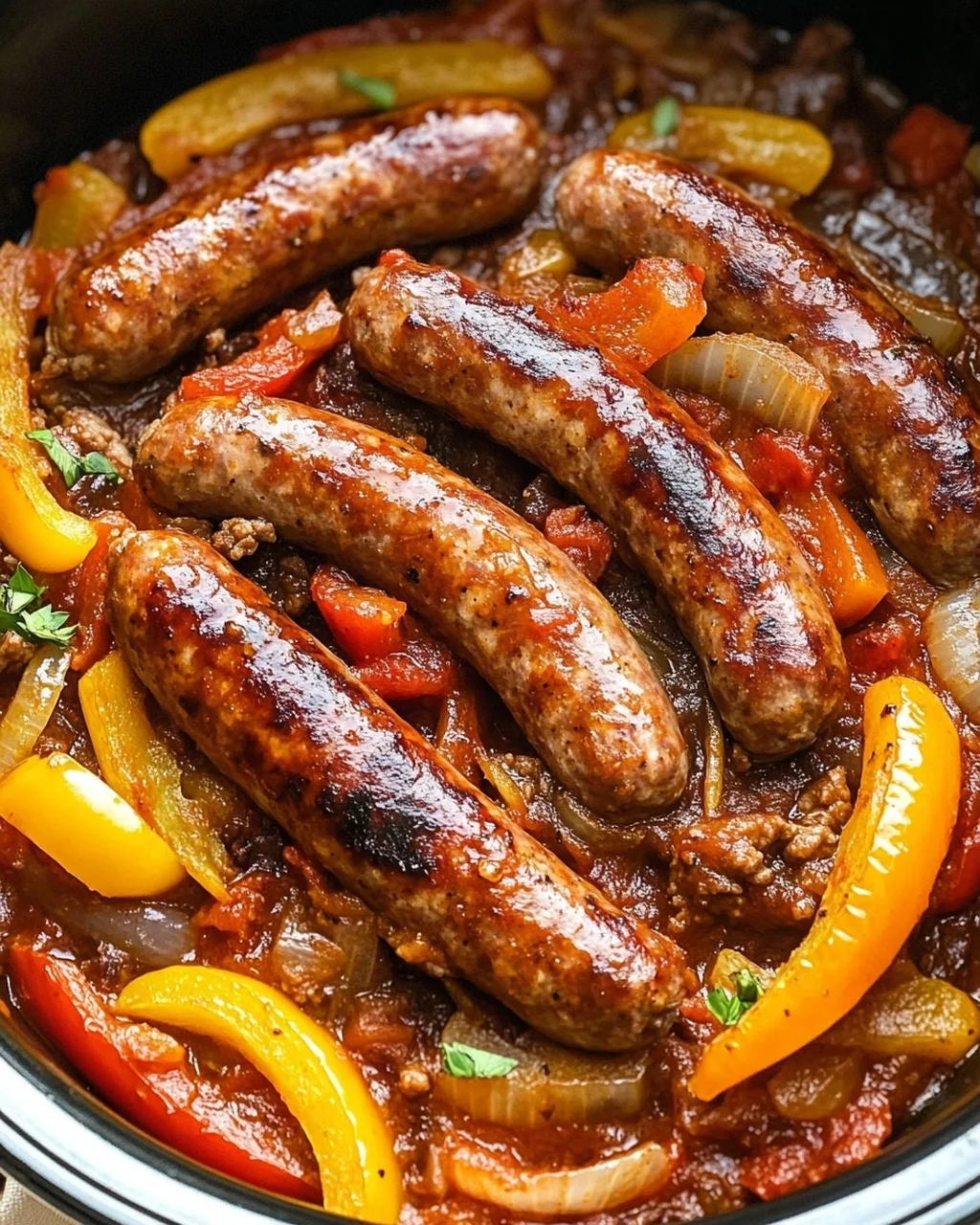 Slow Cooker Beef Sausages with Peppers and Onions in Tomato Sauce