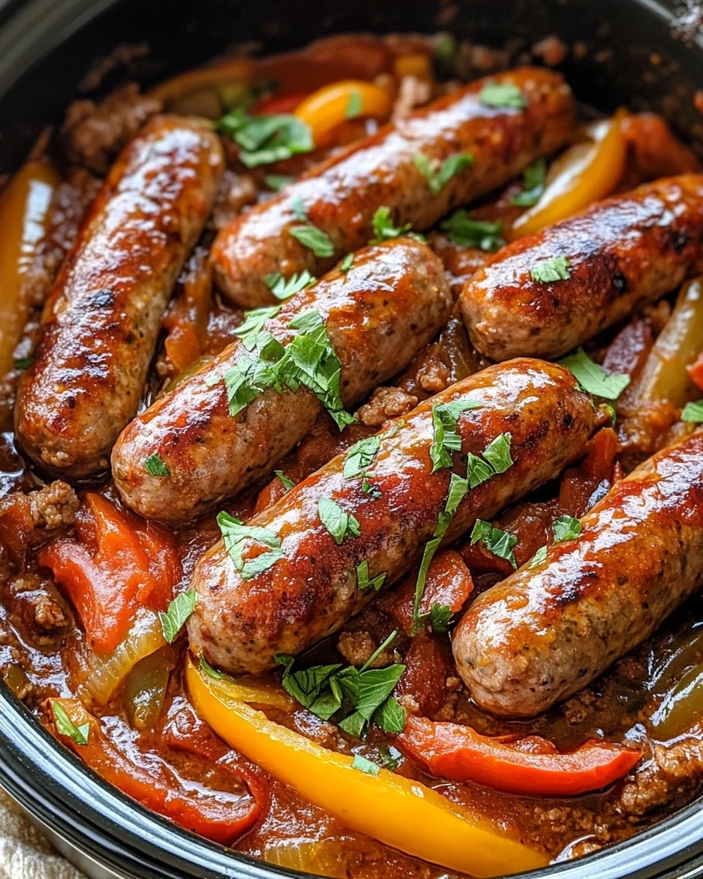 Slow Cooker Beef Sausages with Peppers and Onions in Tomato Sauce