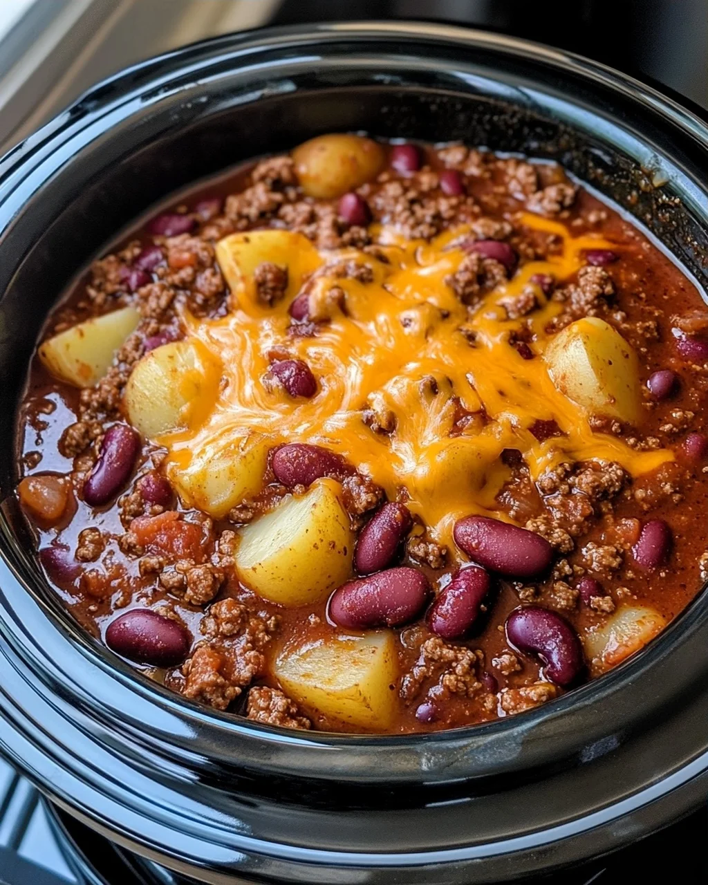 Slow Cooker Chili with Potatoes and Cheese