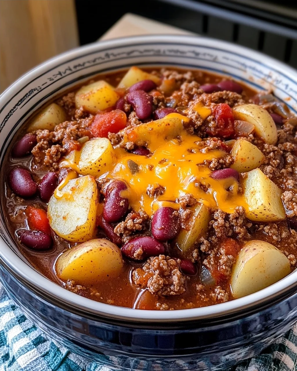 Slow Cooker Chili with Potatoes and Cheese