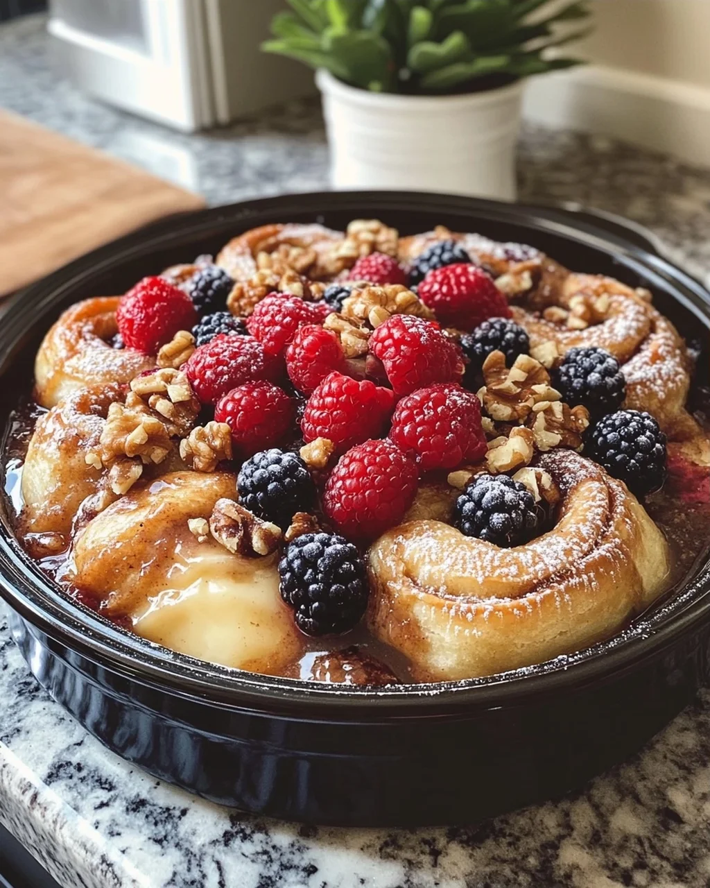 Slow Cooker Cinnamon Roll Casserole with Berries and Ice Cream