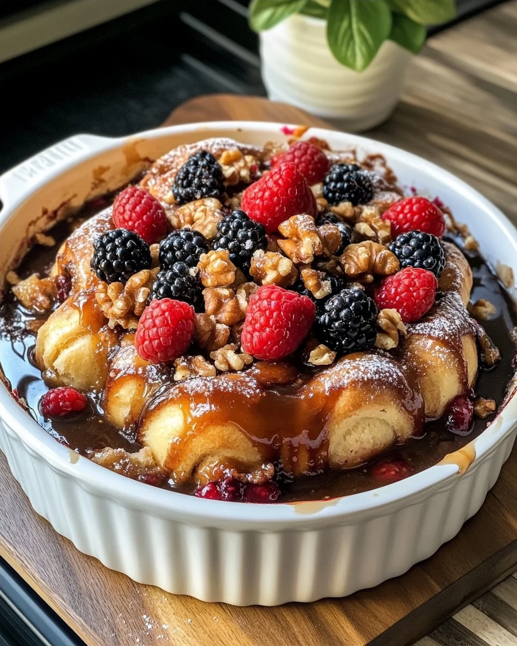 Slow Cooker Cinnamon Roll Casserole with Berries and Ice Cream