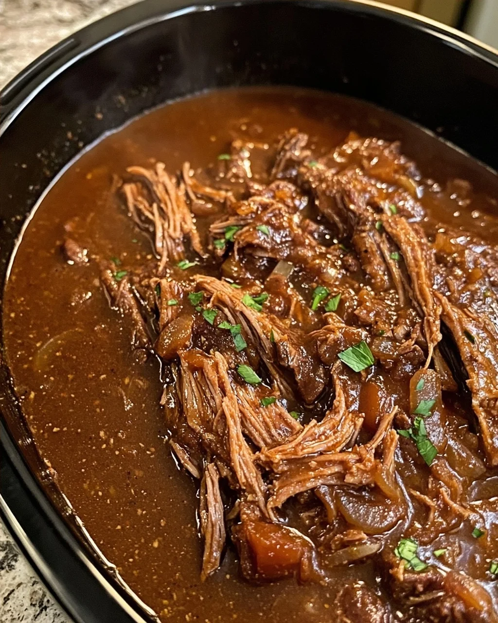 Slow Cooker Shredded Beef in Rich Savory Gravy