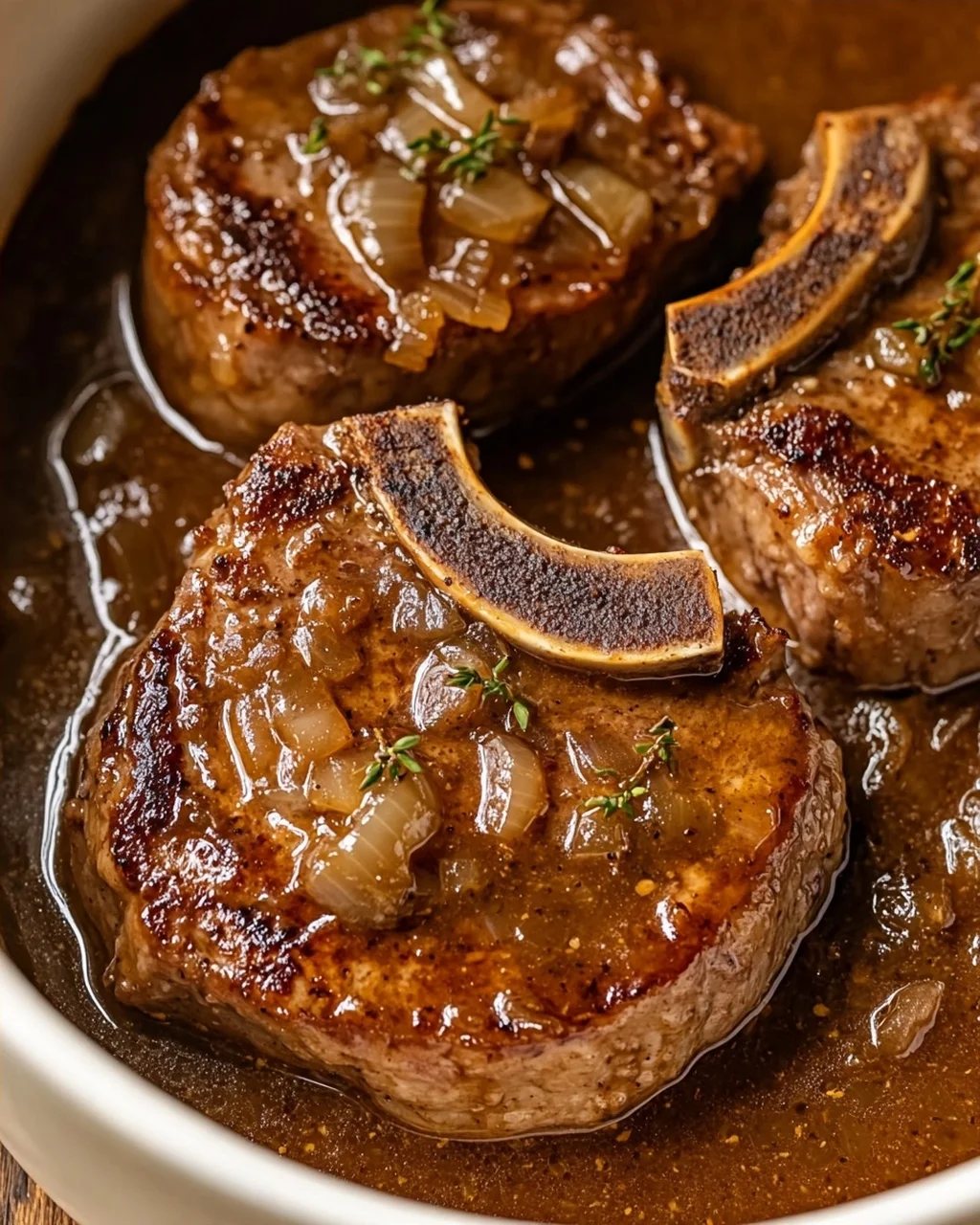 Slow Cooker Smothered Beef Chops with Onion Gravy