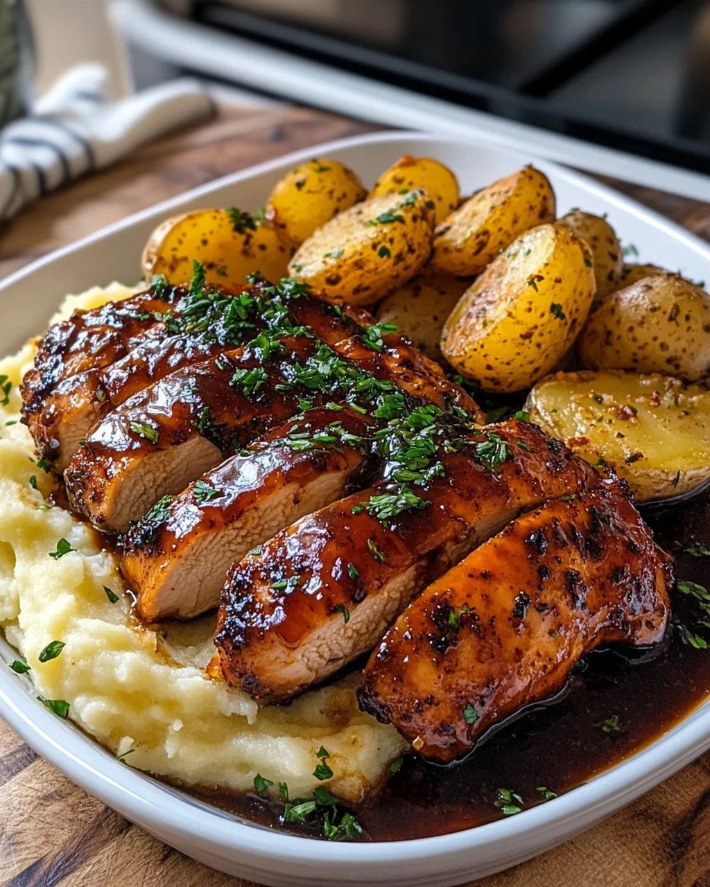 Sticky Honey Garlic Chicken with Crispy Herb Potatoes & Creamy Mash