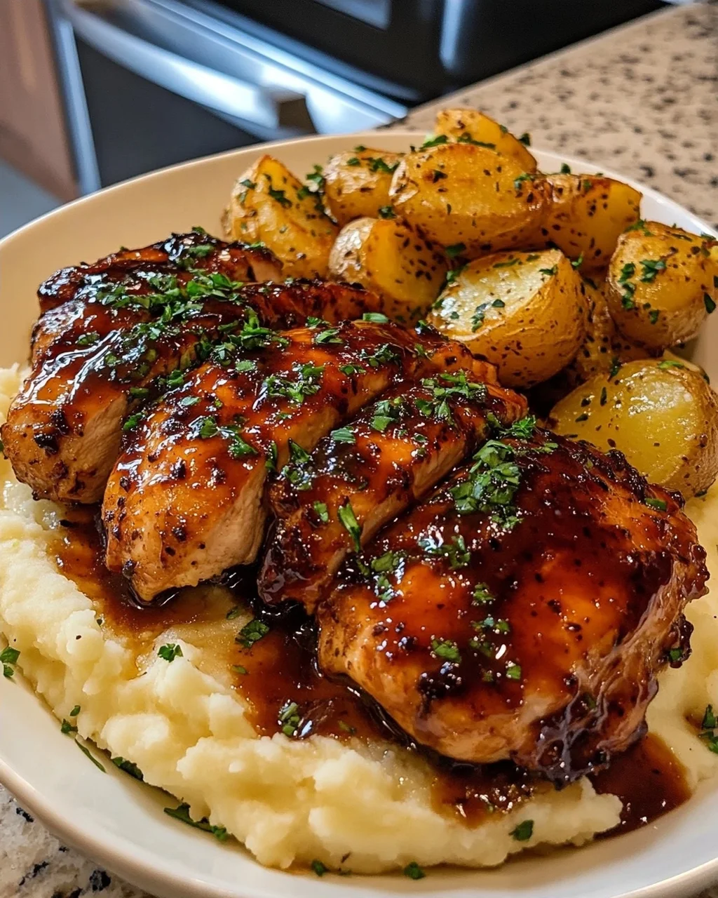 Sticky Honey Garlic Chicken with Crispy Herb Potatoes & Creamy Mash