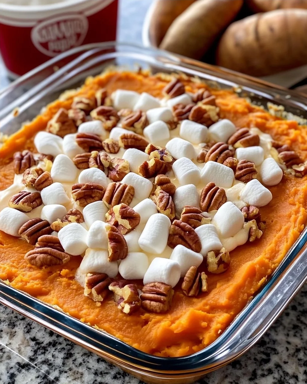 Sweet Potato Casserole with Marshmallows and Pecans