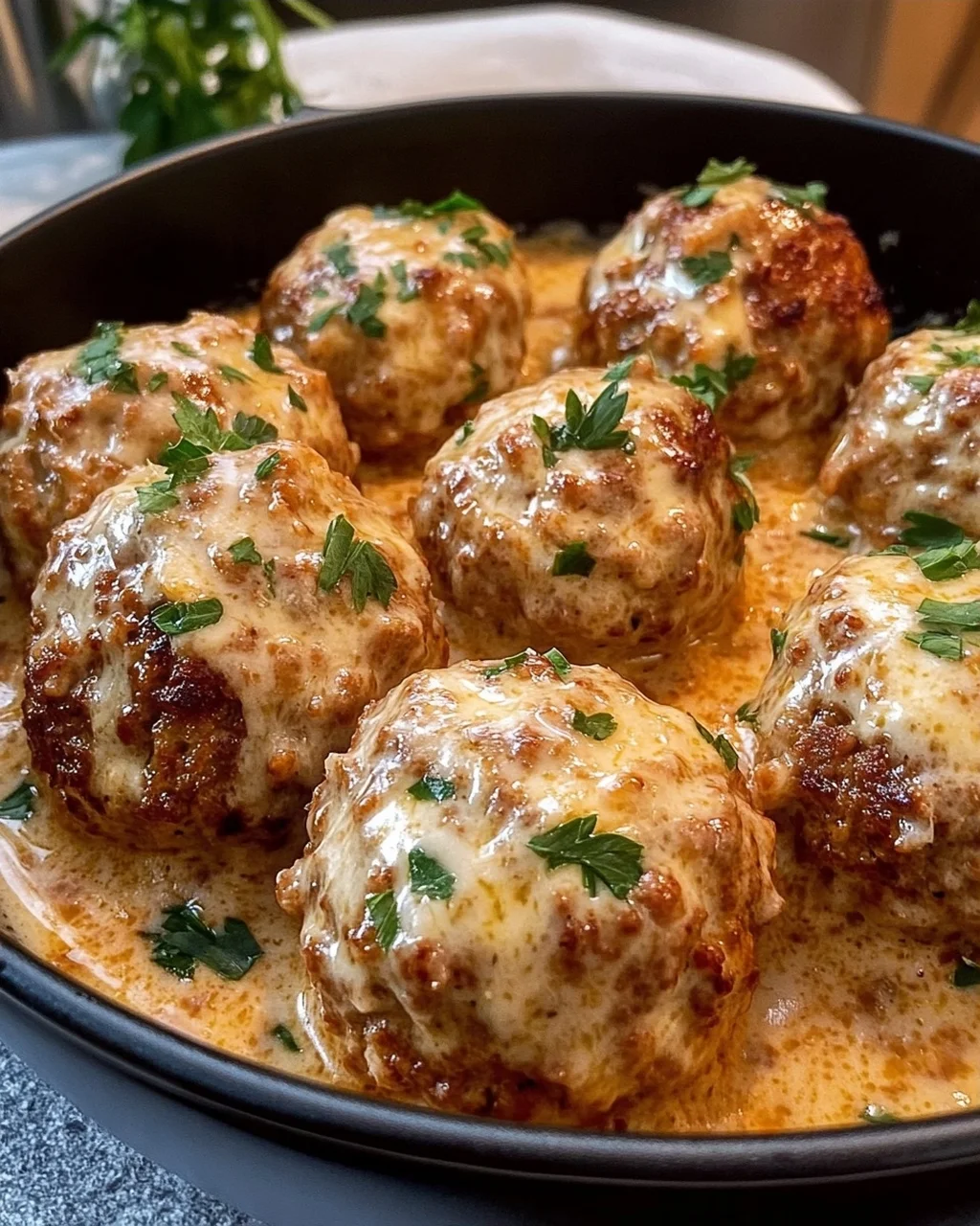 uicy Garlic Butter Meatballs in Creamy Parmesan Sauce.